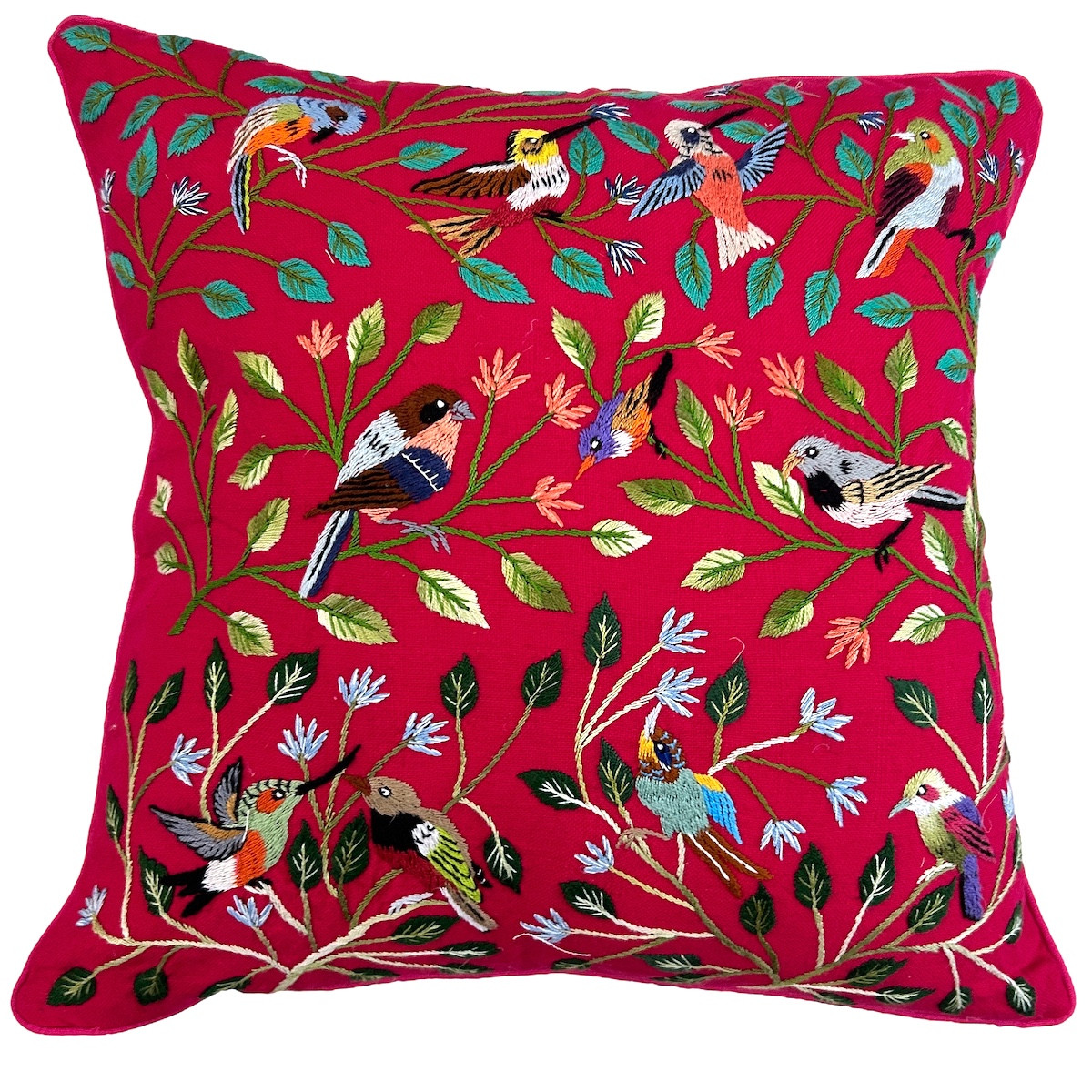 Handwoven and Hand Embroidered Bird Pillow on Rose  Guatemala (18" x 18") Handwoven cotton pillow with hand embroidery by one of the talented embroidery artists of Santiago Atitlan. The detailed embroidery is birds with branches and leaves in many colors on handwoven bright rose colored cotton cloth.  Each bird is unique-so allow for some variations. The back is the same fabric as the front of the pillow. Colors of embroidery- greens, blues, grey, brown, yellow, orange, peach, cream, black and more