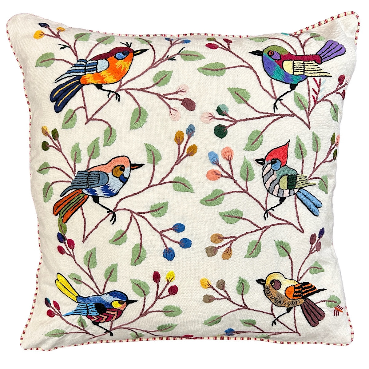 Handwoven cotton pillow with hand embroidery by Rosa, one of the talented embroidery artists of Santiago Atitlan. The detailed embroidery is birds with branches, leaves and flowers on a peach colored handwoven cotton cloth. The back and the piping are red and white striped cotton ticking fabric. Embroidery is multicolored. The whimsical birds have a black outline.