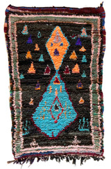 Handwoven And Hand Knotted Vintage Pile Tribal Boucherouite Rug  18 Morocco (34"x 55") charcoal black, day glow orange, turquoise blue, pink, burgundy, purple