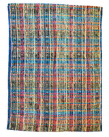 larger view full width of fabroc Handwoven Repurposed Ikat Cotton Guatemala Colors: mostly blues and pinks with some orange, white and black