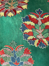 detail Hand Embroidered Silk Pillow  Uzbekistan (19" x 20")Chalky forest green silk with Embroidery colors:olive , forest green, golden wheat, red, mauve, chalky indigo, chalky pale wine and more. 