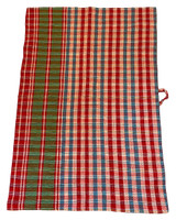 side B Gamcha hand towel are hand stitched together with rows of running stitches. Colors: red, white, blue, green and turquoise.