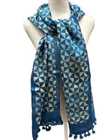 view 2 Handwoven block printed silk scarf from India Colors: a rich blend of colors: from shades of indigo blue to cream.and black. 