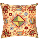 Embroidered pillow from a UNESCO Award of Excellence studio in Uzbekistan, a country at the heart of the fabled silk road, an ancient trade route linking the far east, Europe and north Africa. Hand embroidered silk on a satin-finish pale peach colored ground cloth. Embroidery colors: deep red, light blue, chalky forest green, wheat yellow, pchalky peach and more. The back is handwoven ikat dyed cotton fabric- colors: chalky red brown, grey, cream and golden yellow. 90/10 feather/down pillow insert. zipper back. Stunning.