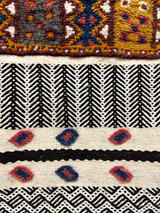 detail Glaoui style rug from a weaving cooperative in southern Morocco. Glaoui rugs are characterized by several weaving techniques within the body of the rug including plain weave, knotted pile, and twill pattern weaving. Long-wearing and one-of-a-kind. Nice smaller runner rug. Also nice on the wall. 100% wool.  Colors: charcoal brown, creamy white, grey, indigo blue, mustard, chalky red and red brown.
 2 ft x 5" x 3' 4" (29" x 40")