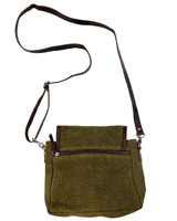 back view Handmade burlap and leather unisex shoulder bag. Burlap or Jute is a traditional fabric from Bengal. This group is reviving the use of this natural fiber while supporting talented local artisans in the community with good jobs and a fair wage. This one of the best hand crafted bags we've seen in a long while. Burlap, leather. Color: olive brown. Inside charcoal woven cotton. Dark Brown leather strap and trim. We are excited to be representing this group. 

