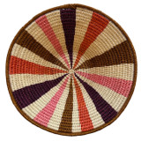 top view Handwoven medium size fiber basket made with natural sisal from sustainably harvested sources. This is from a small artisan organization that has been working in Eswatini (Swaziland) since 1985. Very sturdy. Beautiful on the table or on the wall. Colors: cream, burgundy, rose pink, peachy pink, and golden tobacco.