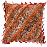 Beautiful hand woven woolen pillow. The leaf design is fine crewel embroidery in wool yarn. The stripes of french knots colors are: papaya and chalky pink.. The front and back are chocolate brown wool cloth. The edges are adorned with wool crocheted spirals in chalky pink and red orange. Zipper and pillow insert:90/10 feather and down. 