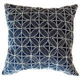 Hand Embroidered Cotton  Pillow Thailand. Stunning embroidery on a indigo blue cotton fabric. We love this overall white geometric and floral pattern embroidery. The back is indigo blue cotton cloth. 90/10 feather down insert, zippered back. One-of-a-kind.
