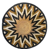 top view Handwoven small size fiber basket made with natural sisal from sustainably harvested sources. This is from a small artisan organization that has been working in Eswatini (Swaziland) since 1985. Very sturdy. Beautiful on the table or on the wall. Colors: cream, tobacco, beige and black.