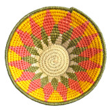 top view Handwoven small size fiber basket made with natural sisal from sustainably harvested sources. This is from a small artisan organization that has been working in Eswatini (Swaziland) since 1985. Very sturdy. Beautiful on the table or on the wall. Colors: cream, medium pink, olive and gold.


