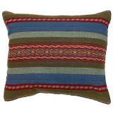 Handwoven traditional textile from a weavers group in the Sacred Valley of Peru. All colors are natural dyed. 100% wool. Very fine hand weaving. Colors: shades of indigo, sage greens, with accents in burgundy and more. Backing is tweedy dank brown. The fine edge around the pillow is tubular weaving.  We are honored to be representing these amazing weavers. Zipper and insert: 90/10 feather and down. 