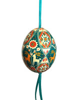 Direct from Ukrainian Folk Artist Lesia Pona- Pysanka/Ukrainian Easter Eggs. Ukrainians have been decoration eggs creating these small jewels for many generations. Archeologists have discovered ceramic Pysanky in Ukraine dating back to 1300 B.C. The symbolism comes from the ancient Trypillian culture. For Ukrainians, the Pysanka brings good fortune, wealth, health and protection to the home. We are selling these to help support Lesia during these terrible times in Ukraine. Each egg is one-of-a-kind. Colors:turquoise teal,  golden, red, and white.

