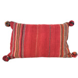 Made from an antique natural dyed manta (carrying cloth) )we purchased while traveling the Sacred Valley of Peru. 100% wool. Very fine hand weaving. The main part of the pillow is cochineal dyed,. Colors variations of bright rose pink with stripes in soft hues of grey, taupe, pumpkin, violet, cream and more. We they sewed pompoms on each corner. Zipper and insert: 90/10 feather and down. We have 2 of these.