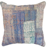 Hand stitched cotton pillow. We purchased this quilt from India and then took it to Guatemala where the women of UPAVIM made it into a pillow.  The front is several layers thick and worn through giving a beautiful patina. The pillow has fine rows of stitching that secures  the fabric layers and giving a nice texture. Colors: a painterly range of blues, lavender,  off-white, salmon, grey, kellygreen and more.. The back and hand rolled piping are a pale sage colored mixed fiber cloth. 90/10 feather/down pillow insert. Hidden zipper. 