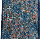 detail Handmade table runner of block printed fabrics. The fabrics are made with several wooden blocks using the traditional Ajarakh natural dye technique. The fabric is then sewn into a patchwork of various  patterns.  Colors: shades of indigo blue, black, brick red, and creamy white. This is reversible with the back solid block printed pattern in the same colors. There is a solid 1" indigo blue border sewn around. 

