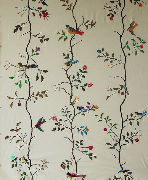 Handwoven Embroidered Cotton Off White Vining Bird Panels Guatemala