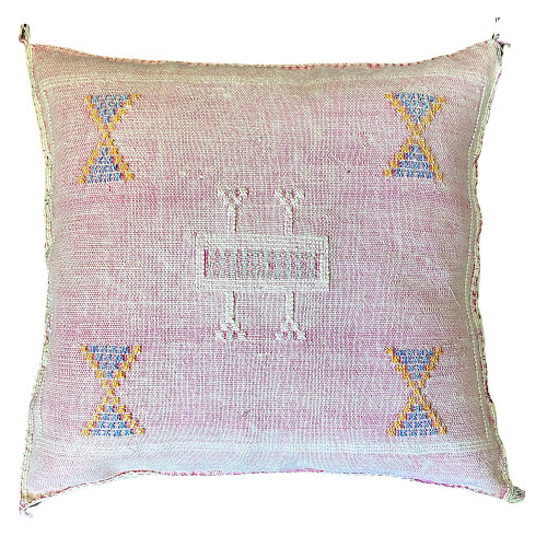 Handwoven silky rayon threads with inlaid design from Morocco. Colors: bright pink and creamy white with accent design in blue grey, greenish light grey and  and feint gold.