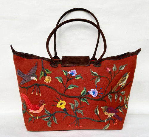 Handwoven Embroidered Rust Santiago Satchel Tote Guatemala Brown Suede embroidery blue green rose