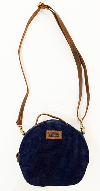 Handmade Burlap Jute Leather Circle Bag Indigo Blue India ( 7.5" x 8.5")  Strap brown and chocolate brown leather