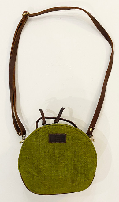 Handmade Burlap Jute Leather Circle Bag Bright Olive India ( 7.5" x 8.5")  Strap and bottom chocolate brown leather