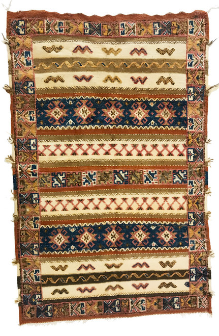 Handwoven Wool Glaoui Rug 4 Morocco Colors: tobaccos, creams washed with bronze-gold, indigo, bronze, chalky rose-red, gold and more.