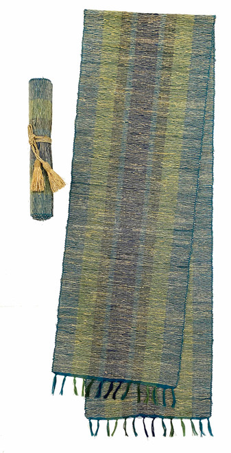 Handwoven Vetiver Table Runner 2 Indonesia. Colors: teal blue, chalky olive green, navy blue and chalky forest green.