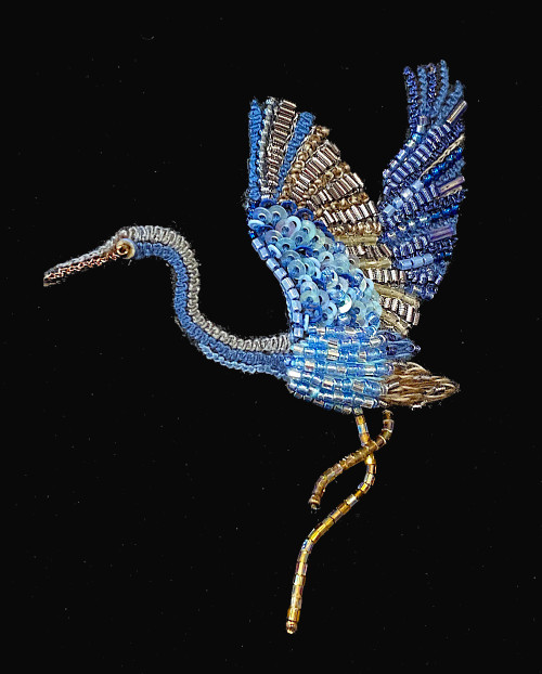 Handmade Embroidered Beaded Blue Heron Brooch India (2.25" x 3") sequins beads wire embroidery