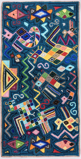 Handmade Hooked Large Rug Recycled Clothing by Gloria A  Guatemala (24" x 48") The rug has stylized birds like the traditional woven shirts (huipils), and other geometric designs.