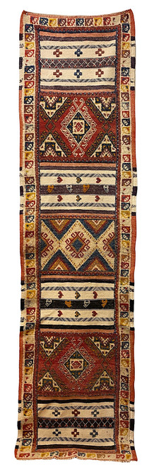 Handwoven Tapestry Wool Runner Rug  Wool with cotton warp threads. Colors:cream, medium indigo, charcoal, old gold, chalky brick red and cocoa brown