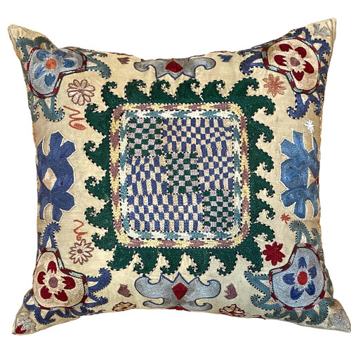 Hand Embroidered Silk Pillow  Uzbekistan and embroidered silk on a satin-finish silk wheat colored ground cloth. Embroidery colors: forest green, blue grey, deep indigo, grey, deep red, sage green, pale rose and more. 