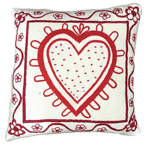 Handwoven and Hand Embroidered Heart Pillow Guatemala 18" by Rosa