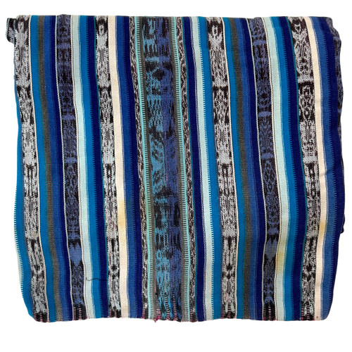 folded Handwoven Repurposed Ikat  Striped Cotton Cloth C Guatemala  From San Cristobol Totonicapan. Colors: royal blue, bright sky blue, marine blue, faded charcoal, white, black and more. 
