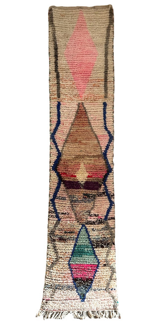 full rug Azilal style pile rug. Hand knotted with wool. Very contemporary abstract design. Colors: cream with hues of salmon, pale pink, grey, and orange. royal blue, purple, light teal, grey, blue grey, chalky terra cotta and more. Knotted pile approx 1”. Size: Approx 28" x 10 foot 3"