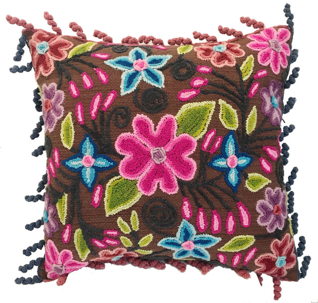 Peru Woolen Hand Woven and Embroidered Brown Pink Purple Blue Green Pillow