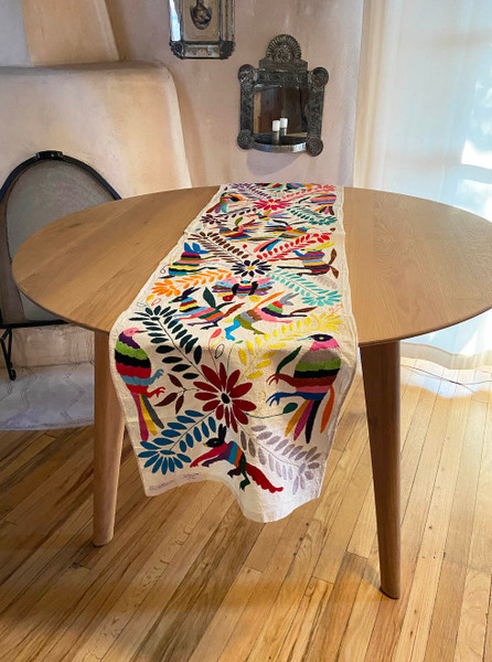 Otomi Hand embroidered cotton table runner Mexico white with multicolored embroidery butterfly, bird, animals, plants