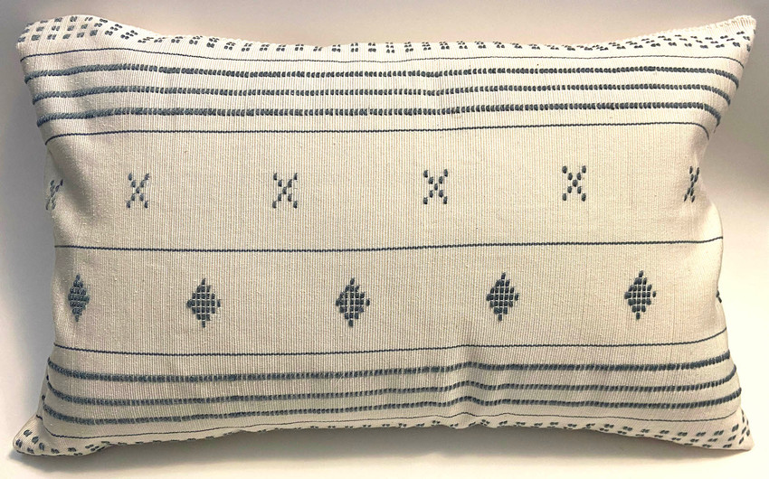 Handwoven Cotton Brocade Pillow Mexico (12" x 18") natural white cotton with designs and stripes in soft blue grey