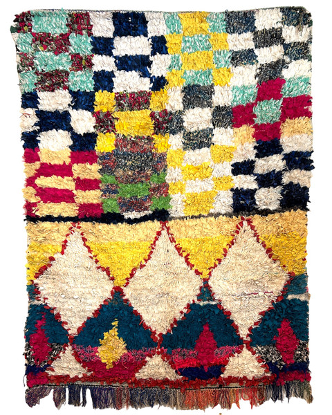 Handwoven And Hand Knotted Vintage Pile Tribal Boucherouite Rug 8 Morocco Colors: dark cream, bright yellow, teal blues, reds, hot pink, navy, bright grass green, mint green and more.