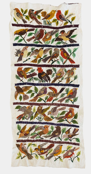 Hand Embroidered Rows of Bird Guatemala Embroidery colors: rusts, browns, greens, tans, and more. The fabric is handwoven natural white cotton. 