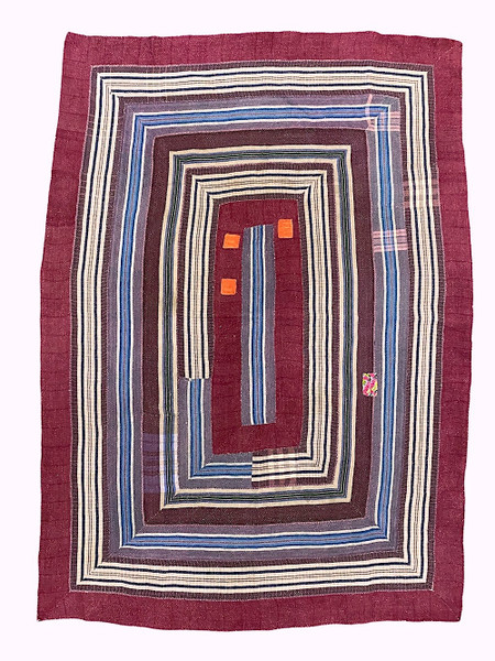 Kantha Quilt Hand Stitched Patchwork 18 India Side A colors: dark burgundy, plum, pale blue greys, dark plum, blues and more. Side B: grey blues, teal blues and green, grey white and more.