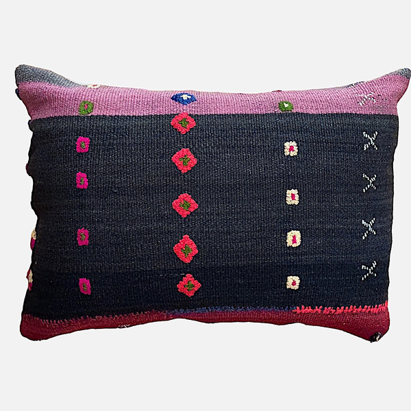 Vintage Wool Kilim Rectangular Pillow D Turkey 15" x 23" Bands of color and brocade woven designs. The pillow is shades of natural wool dark brown to charcoal, cranberry, chalky faded rose. The brocade designs in taupe, gold, hot pink, bright red orange, bright olive, indigo blue and tan