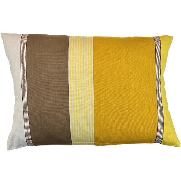 Handwoven Cotton Stripe Pillow A Mexico.  Colors: taupe, mustard, lemon yellow, light grey with a bit of red brown and teal.