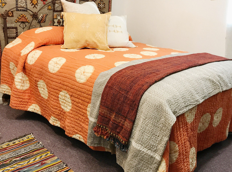 Handmade Shibori Natural Dyed Quilt  Bedspread India (107" x 104") muted salmon cream and pale butter yellow on the reverse side.