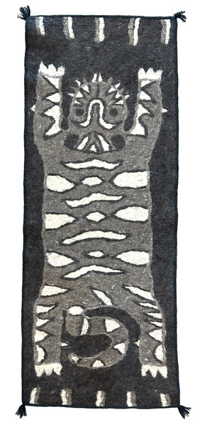 Handmade Wool Felt Tiger Runner Rug 1 Afghanistan   The tiger is heathered grey, heathered oatmeal and charcoal. The rug is heathered charcoal. There is a black woven border sewn around the whole rug.