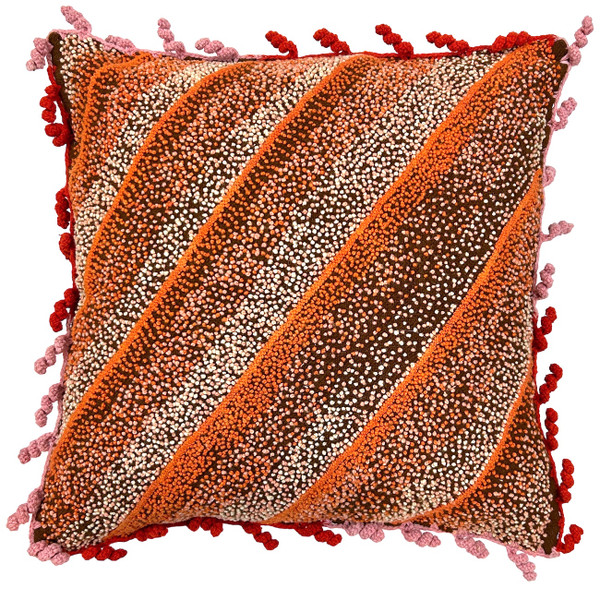 Beautiful hand woven woolen pillow. The leaf design is fine crewel embroidery in wool yarn. The stripes of french knots colors are: papaya and chalky pink.. The front and back are chocolate brown wool cloth. The edges are adorned with wool crocheted spirals in chalky pink and red orange. Zipper and pillow insert:90/10 feather and down. 