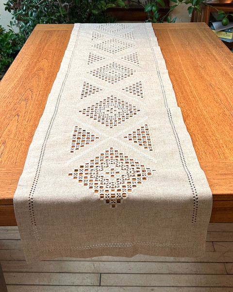 Handwoven linen table runner that is then embellished with fine embroidery technique called Hardenger. Hardanger is a beautiful embroidery that has counted thread and cutwork. A very fine and difficult technique. The embroidery is done with wool floss. This is a beautiful table runner and also wall hanging. From Lesia Pona, a Ukrainian folk artist. 