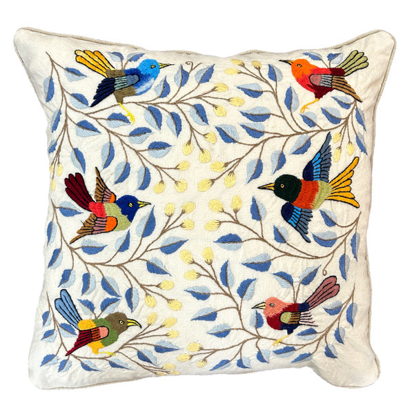 Handwoven cotton pillow with hand embroidery by Rosa, one of the talented embroidery artists of Santiago Atitlan. The detailed embroidery is birds with branches and leaves in many colors on handwoven natural white cotton cloth.  Each bird is unique-so allow for some variations. The back and piping are linen tweed fabric  Colors of embroidery: blues, greens, butter yellow, red, orange, taupe, and more.