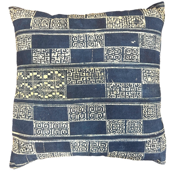 Beautiful pillow made with a vintage batik resist dyed fabric. The pillow front is deep indigo with batik dyed patterns.. The back is deep indigo blue cotton cloth. 90/10 feather down insert, zippered back.