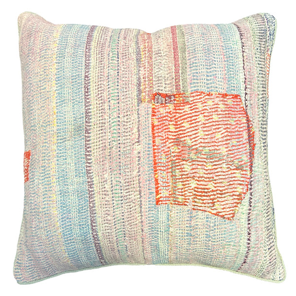 Hand stitched cotton pillow. We purchased this quilt from India and then took it to Guatemala where the women of UPAVIM made it into a pillow.  The front is several layers thick and worn through giving a beautiful patina. The pillow has fine rows of stitching that secures  the fabric layers and giving a nice texture. Colors: a painterly range of lavenders, pale blue, pale pink, chalky orange red, and more.. The back is a pale greyish tan colored cotton suede cloth.