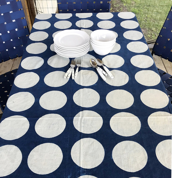 Handmade Block Printed Single Layer Bedspread or Tablecloth India Indigo blue and white